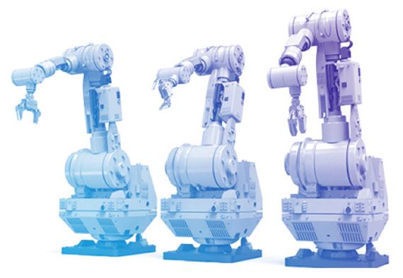 Three robotic arms at different positions.