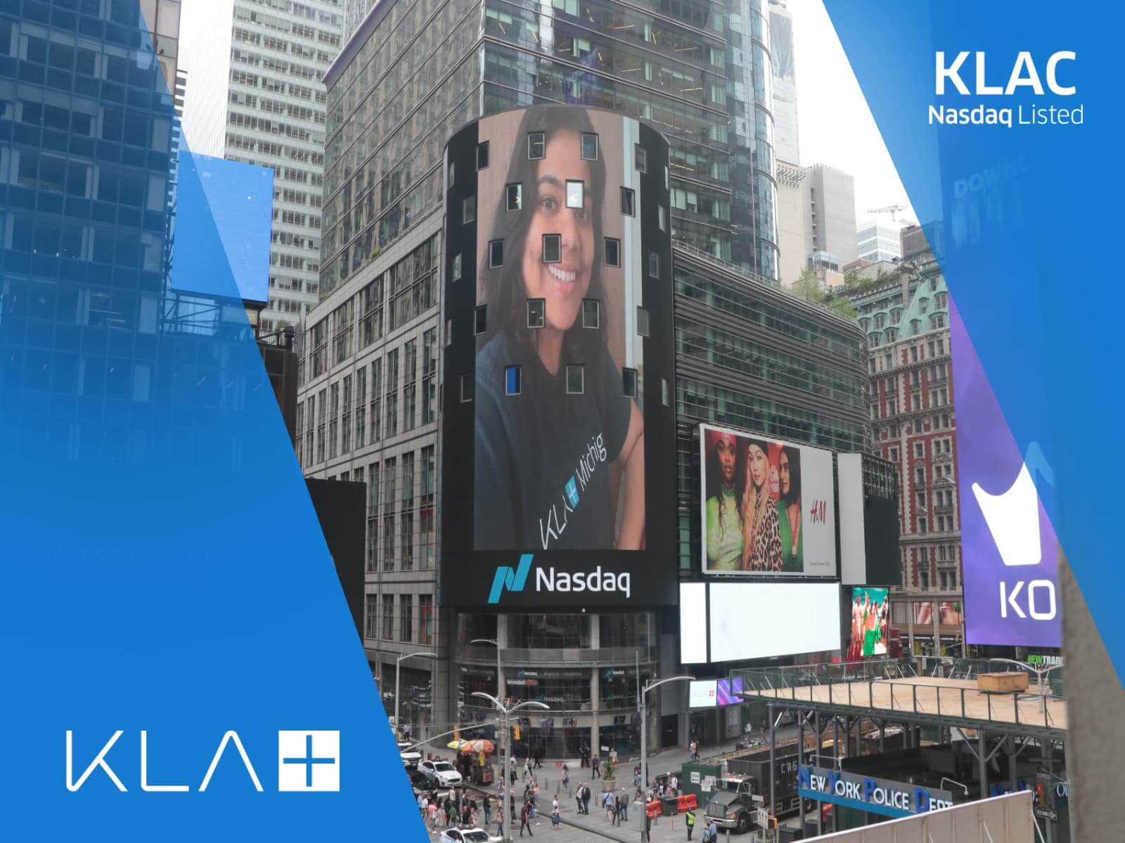 Picture of KLA employee on building-facade in New York City during the KLA Nasdaq launch